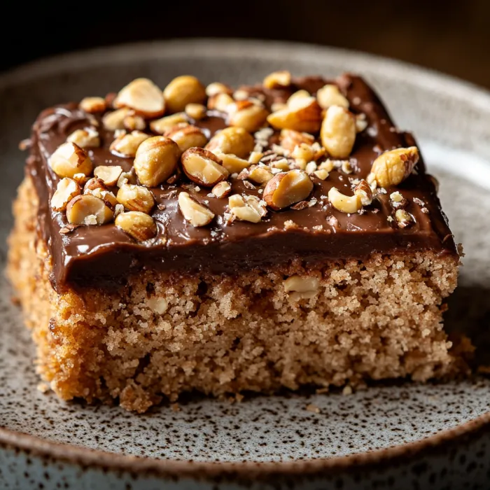 A piece of cake with nuts on top.