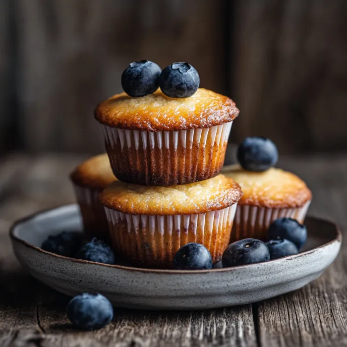 Three muffins with blueberries on top.