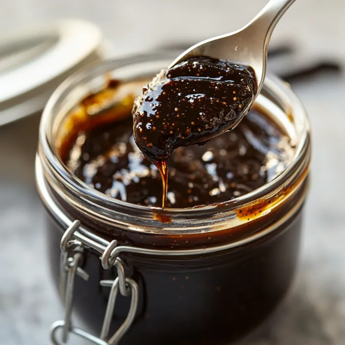 A spoon is in a jar of jam.