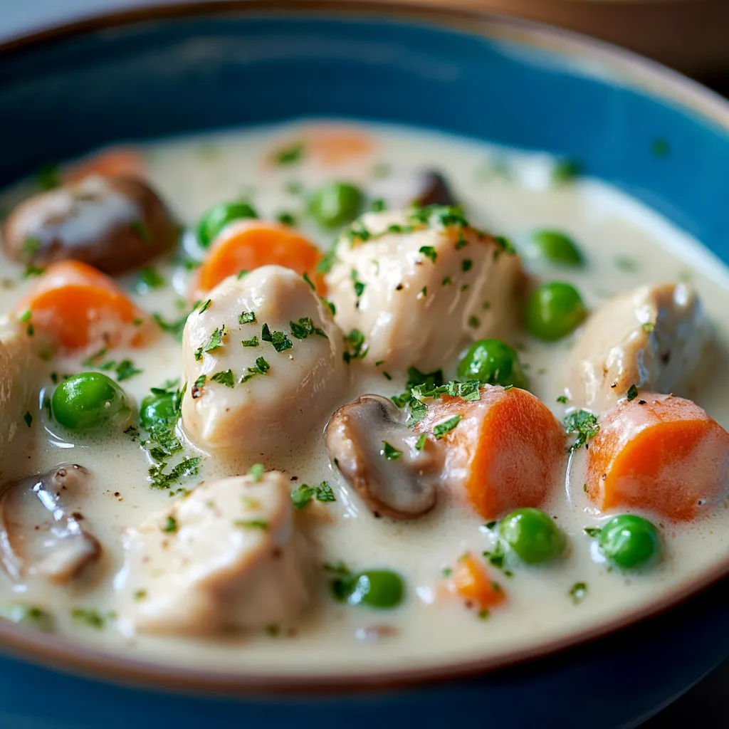 A bowl of soup with mushrooms and peas.