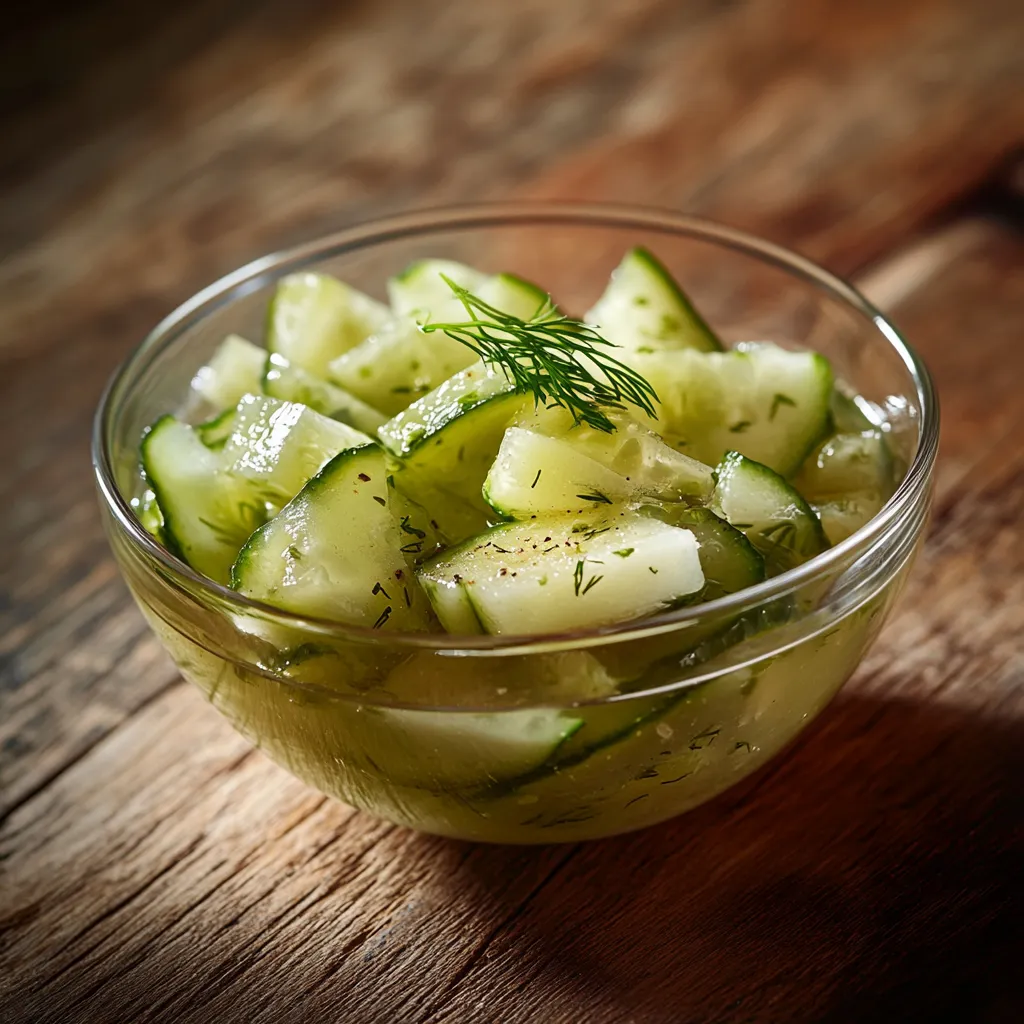 A bowl of cucumber slices with dill on a wooden table.
