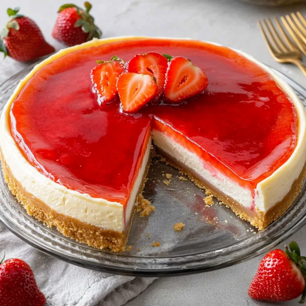 A slice of strawberry cheesecake on a plate.