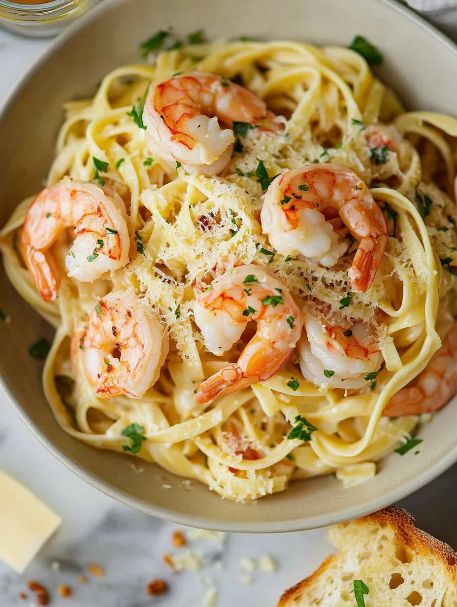 Ein Bogen Pasta mit Shrimp, Parmesan und Kräutchen.