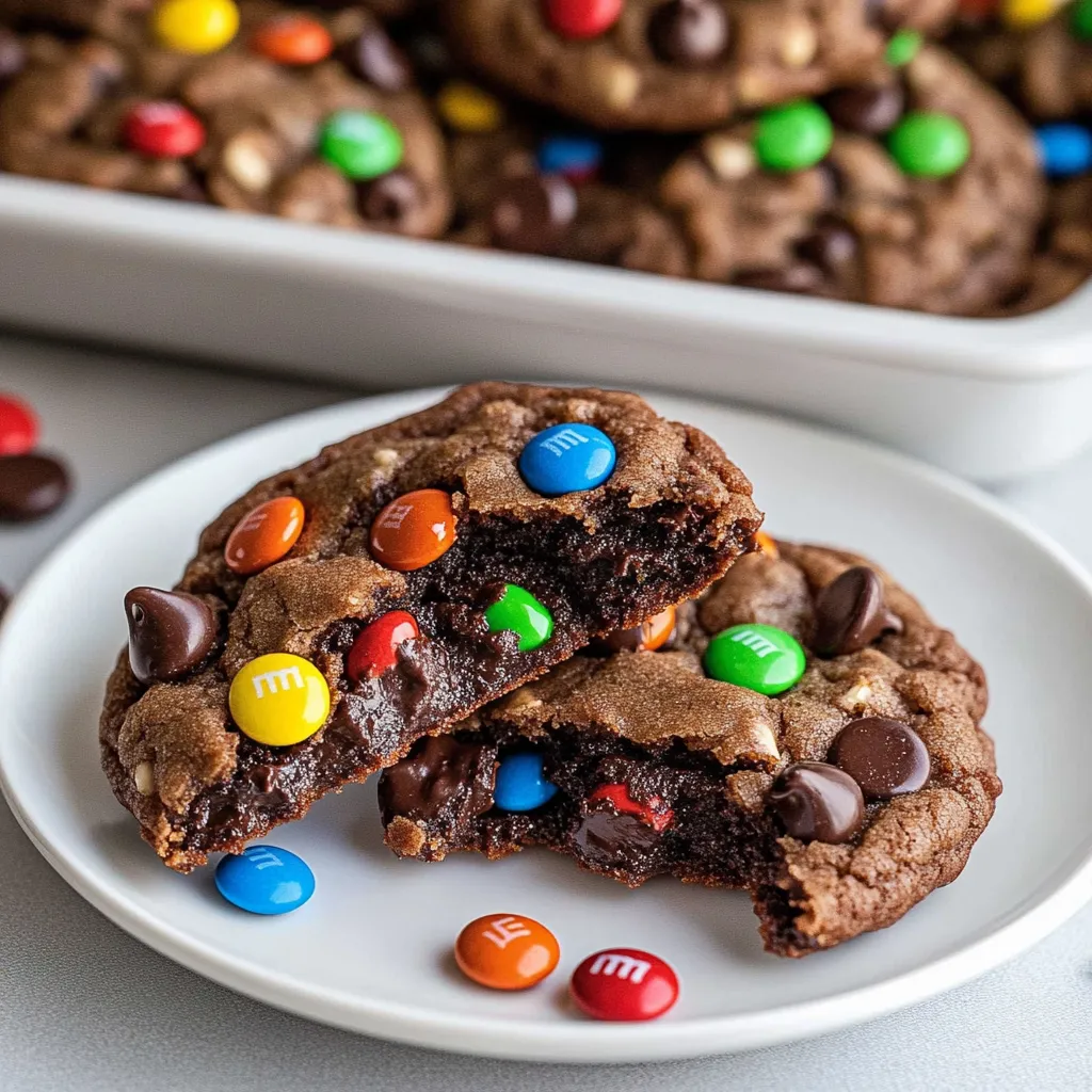 Ein weißer Teller mit zwei M&M-Schokoladenkuchen darauf.