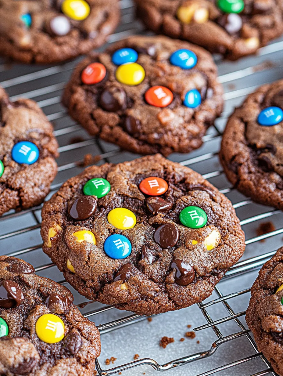 Eine Schicht von Chocolate M&M's Cookies auf einem Baking Sheet.