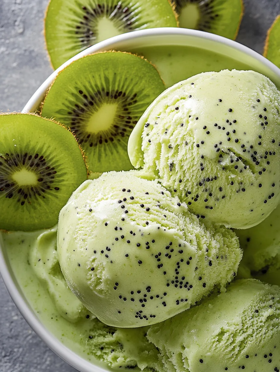 Ein Glas mit grünem Eis, Kiwis und Kokosnuss.