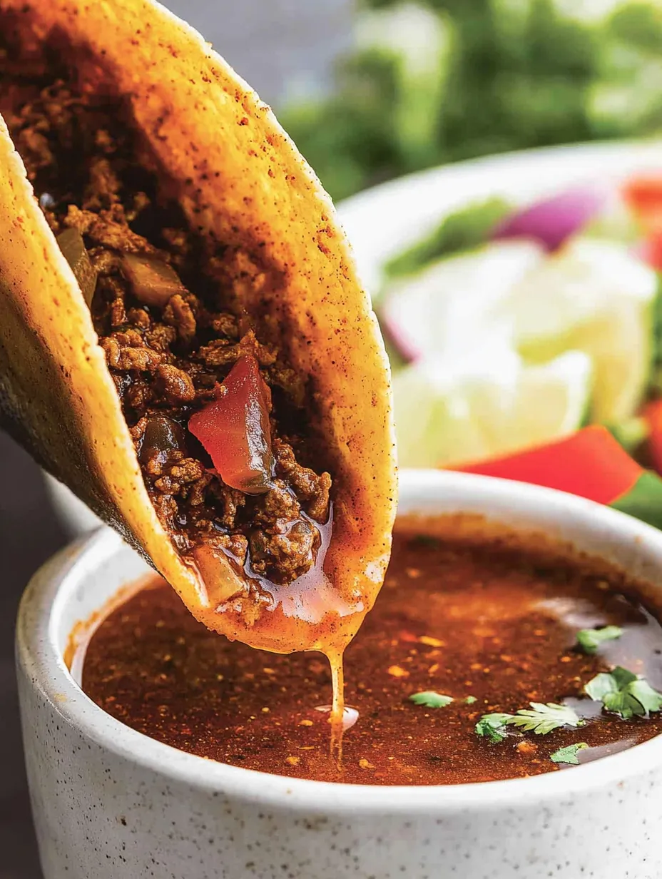 Ein Taco wird aus einem Crock Pot Birria hervorgeholt.