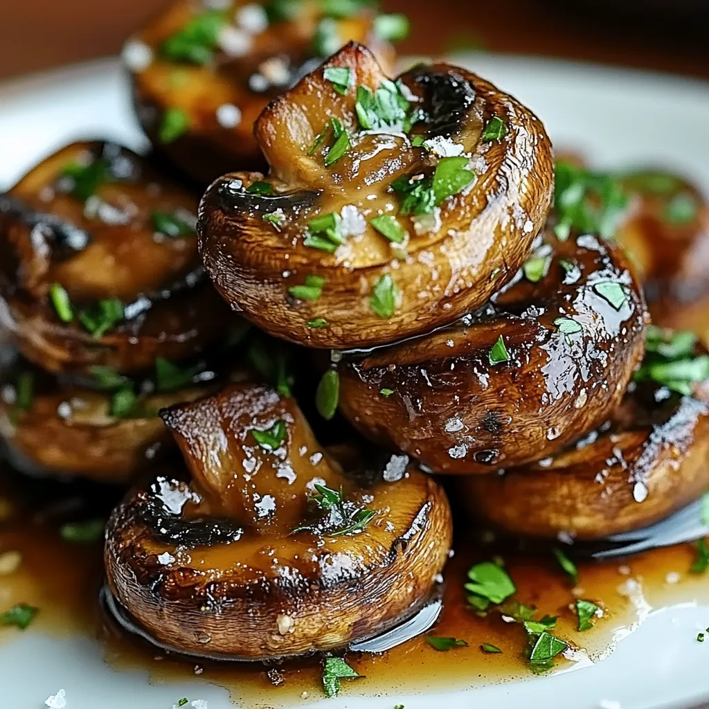 Eine Platte mit frisch zubereiteten Champignons, die in einer Sauce serviert werden.