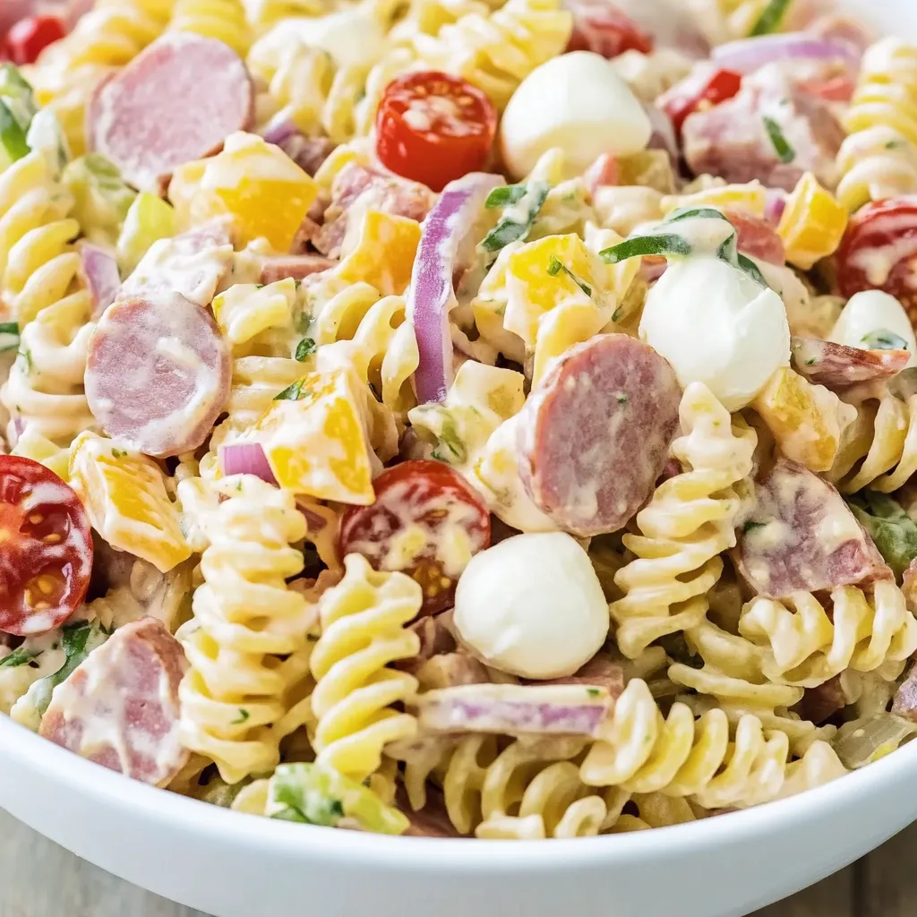 Ein Grinder-Pasta-Salat in einem weißen Behälter.