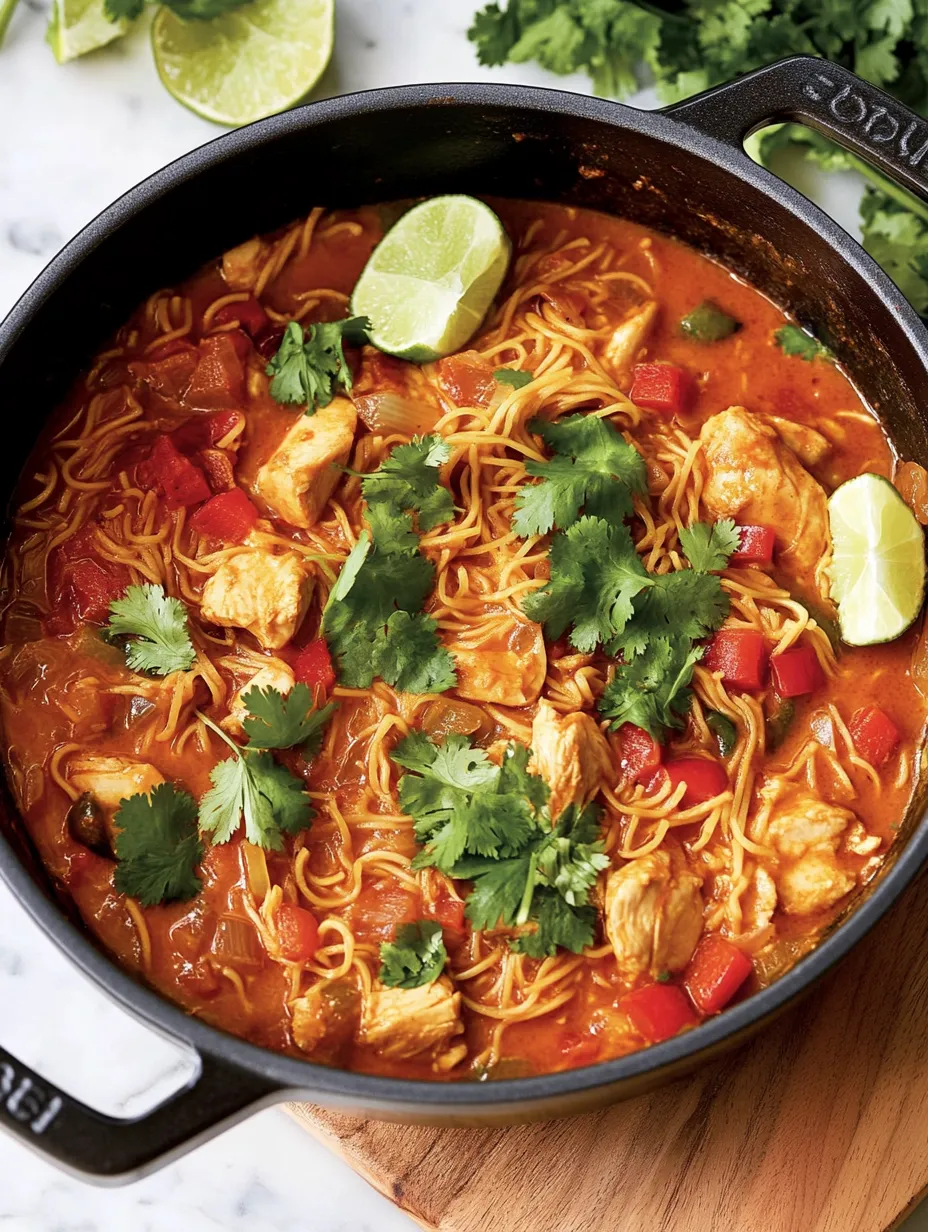 Ein schwarzes Töpfchen mit einer Thailändischen Rote-Curry-Nudel-Suppe, die mit Zwiebeln und Chilischoten garniert ist.