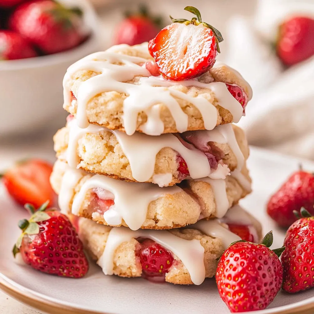 Ein Plate mit Erdbeer-Shortcake-Kekse, die mit Strawberries garniert sind.
