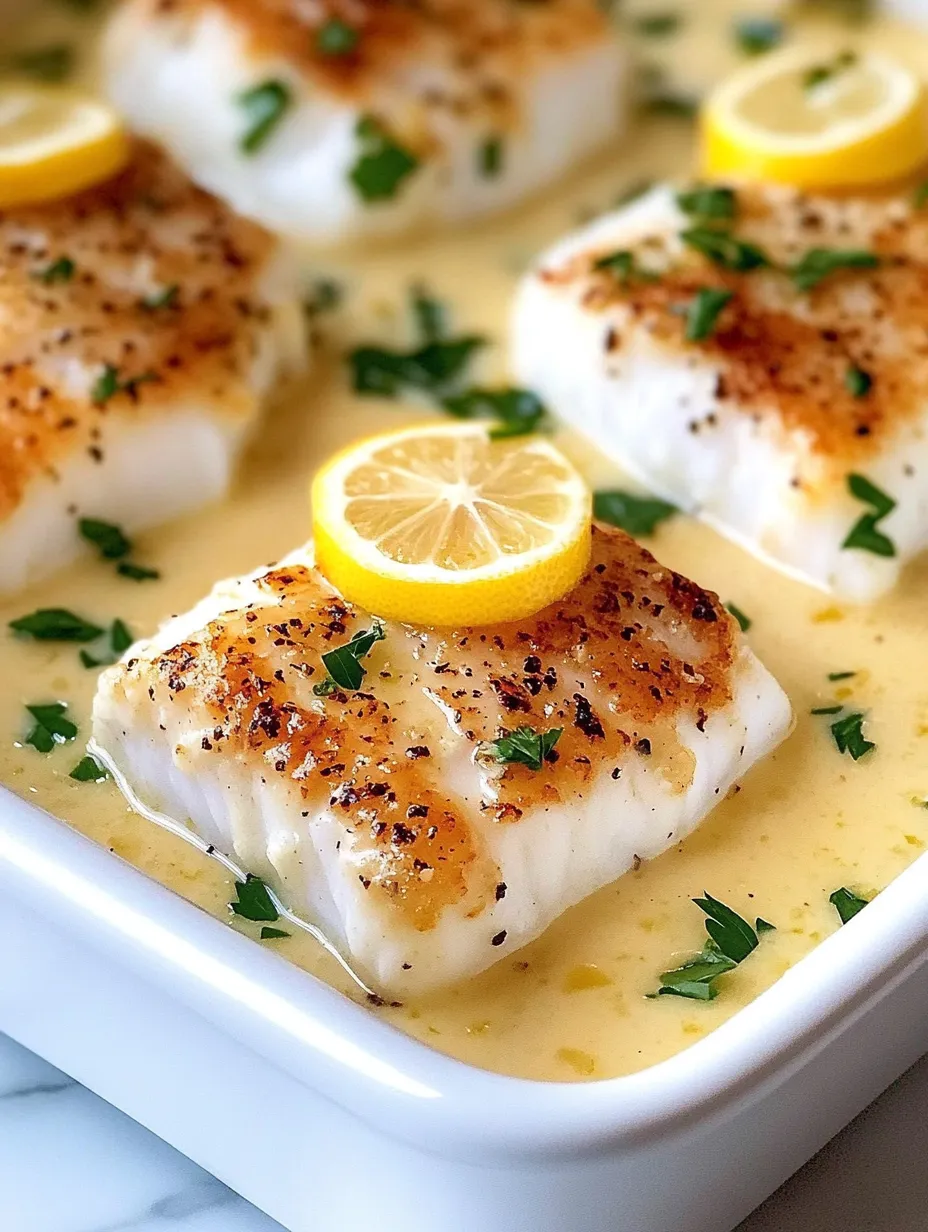 Eine Platte mit gebratener Kabeljau in einer Kokos-Zitronen-Cremesauce.
