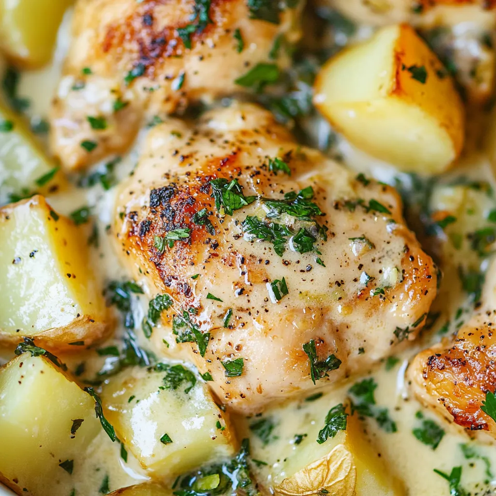 Ein Hähnchen mit Kartoffeln und Knoblauch in einer Parmesan-Rahmsauce.