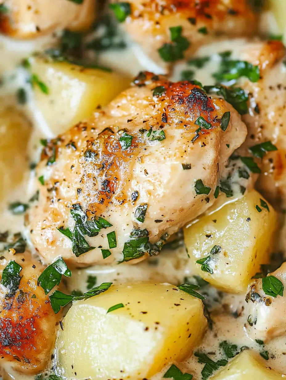 Ein Hähnchen mit Kartoffeln und Knoblauch-Parmesan-Rahmsauce.