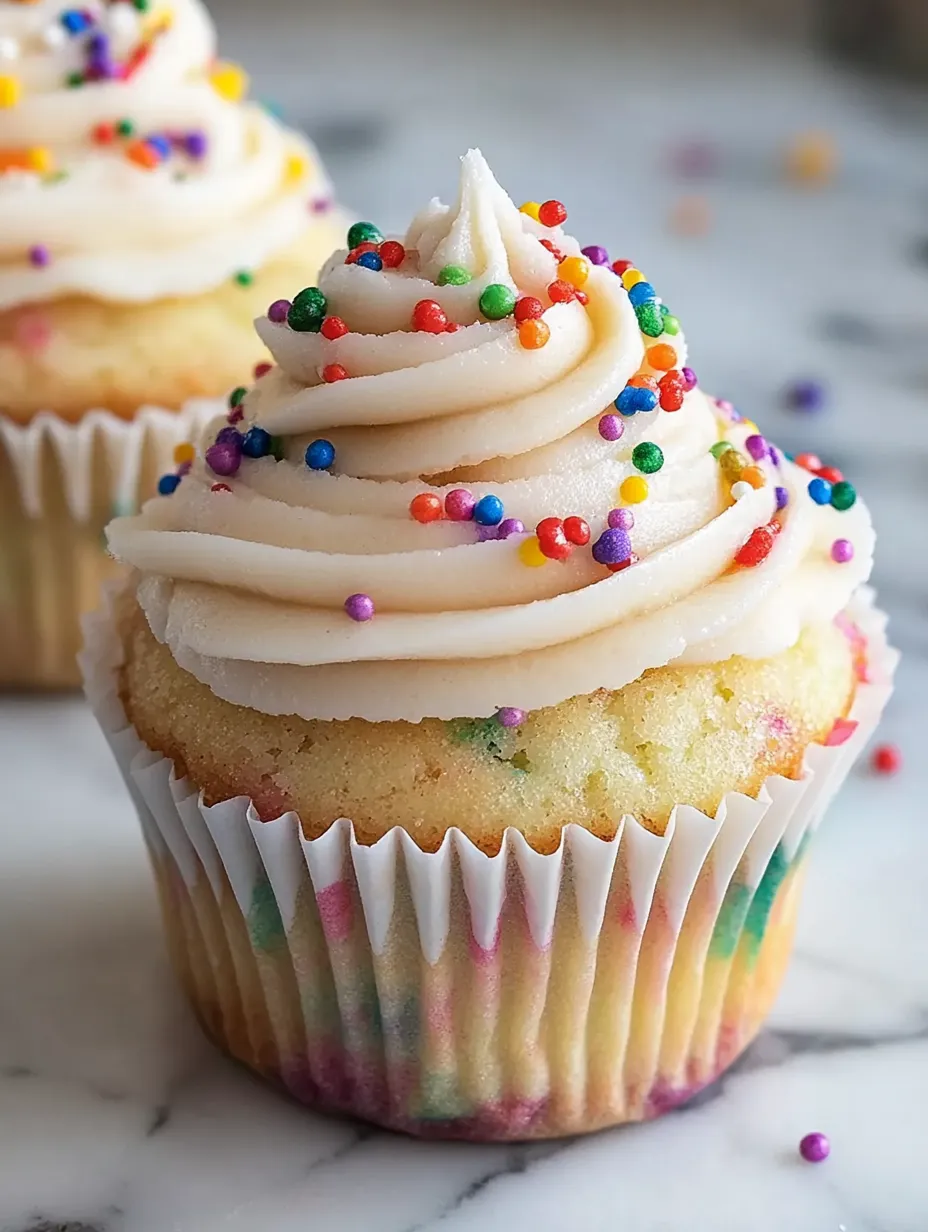 Ein Geburtstags-Cupcake mit einer weißen Schicht und farbigen Sprinkles.