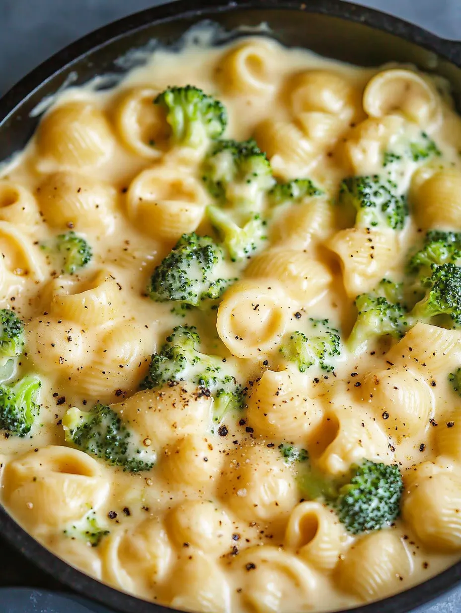 Eine Schüssel mit cremiger Mac & Cheese und Brokkoli.
