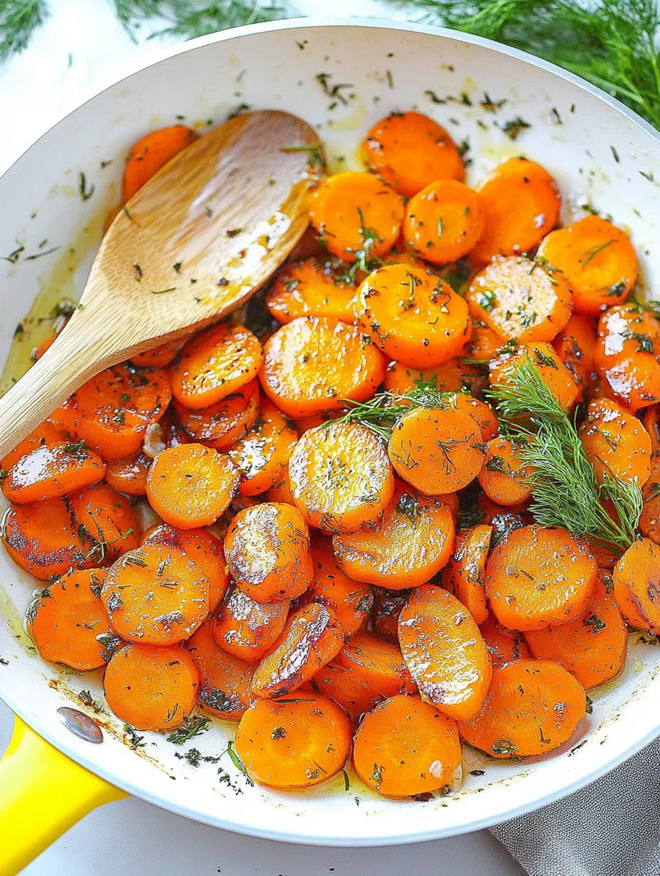 Ein weißer Topf mit Karotten, die mit Knoblauch und Kräutern garniert sind.