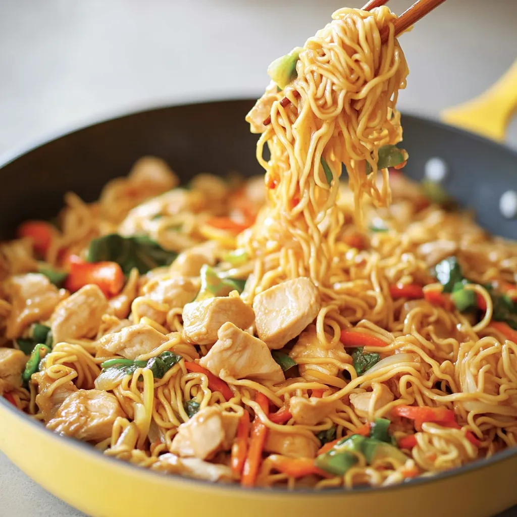 Ein Topf mit Thai-Nudeln und Erdnuss-Hähnchen.