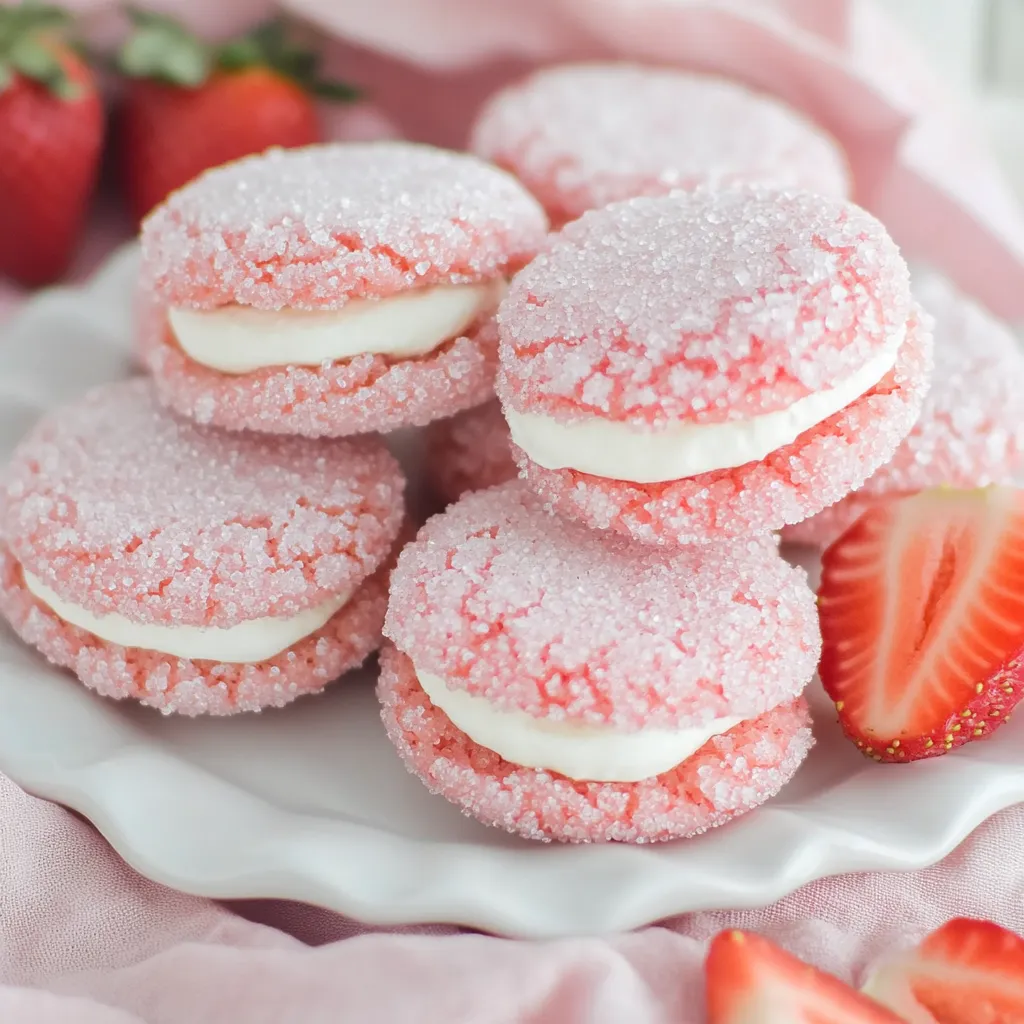 Eine Platte mit Sandwich-Keksen, die mit Mandel-Buttercreme und Erdbeeren garniert sind.