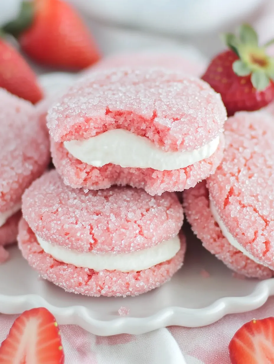 Pink Sandwich Cookies with White Cream and Strawberries.