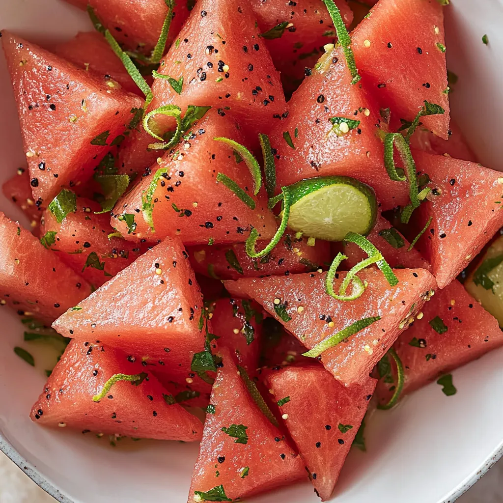 Ein weißer Becher mit frischem, saftigem Watermelon, das in kleine Würfel geschnitten wurde.