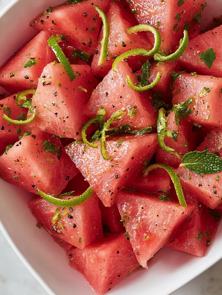Ein weißer Becher mit frischem, saftigem Watermelon, das mit Zitronen und Ingwer garniert ist.