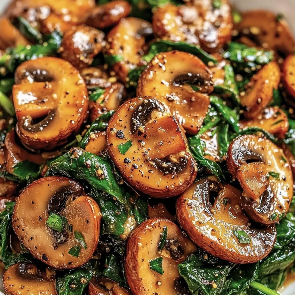 Eine Schüssel mit einer Mischung aus Mushrooms und Spinat.