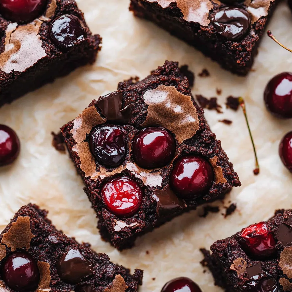 Eine Schokoladenküche mit Cherry-Topping auf einem weißen Tisch.