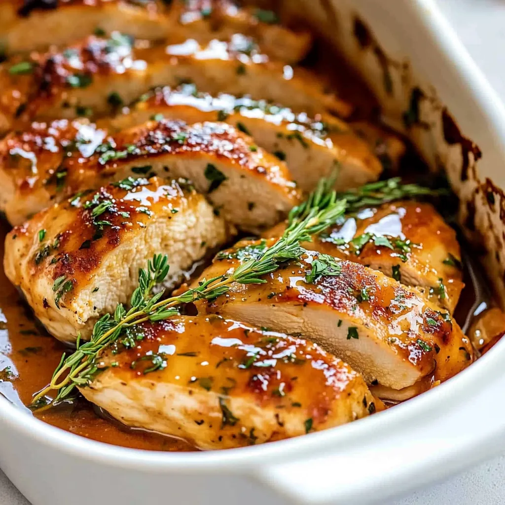 Ein weißer Teller mit einer Portion von Chicken in einer Sauce.