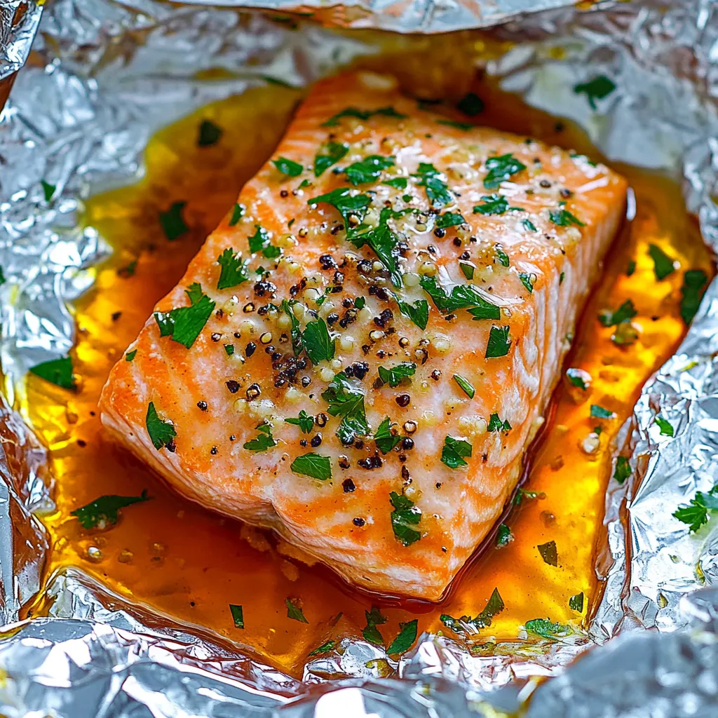 Ein Salmonfilet mit grünem Zwieback und Kräutern auf Aluminiumfolie.