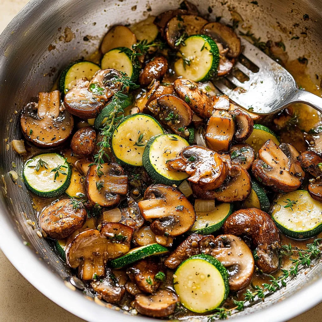 Ein Bohnenkonfekt mit Zucchini, Champignons und Kräutern in einem weißen Behälter.