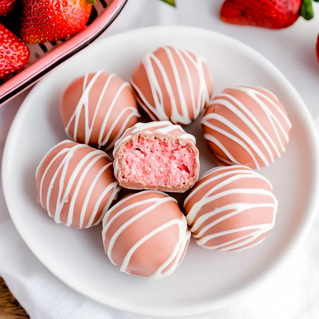 Eine Platte mit Pink-weißen Stollen, die mit Pink-weißen Stollen und Strawberries garniert sind.