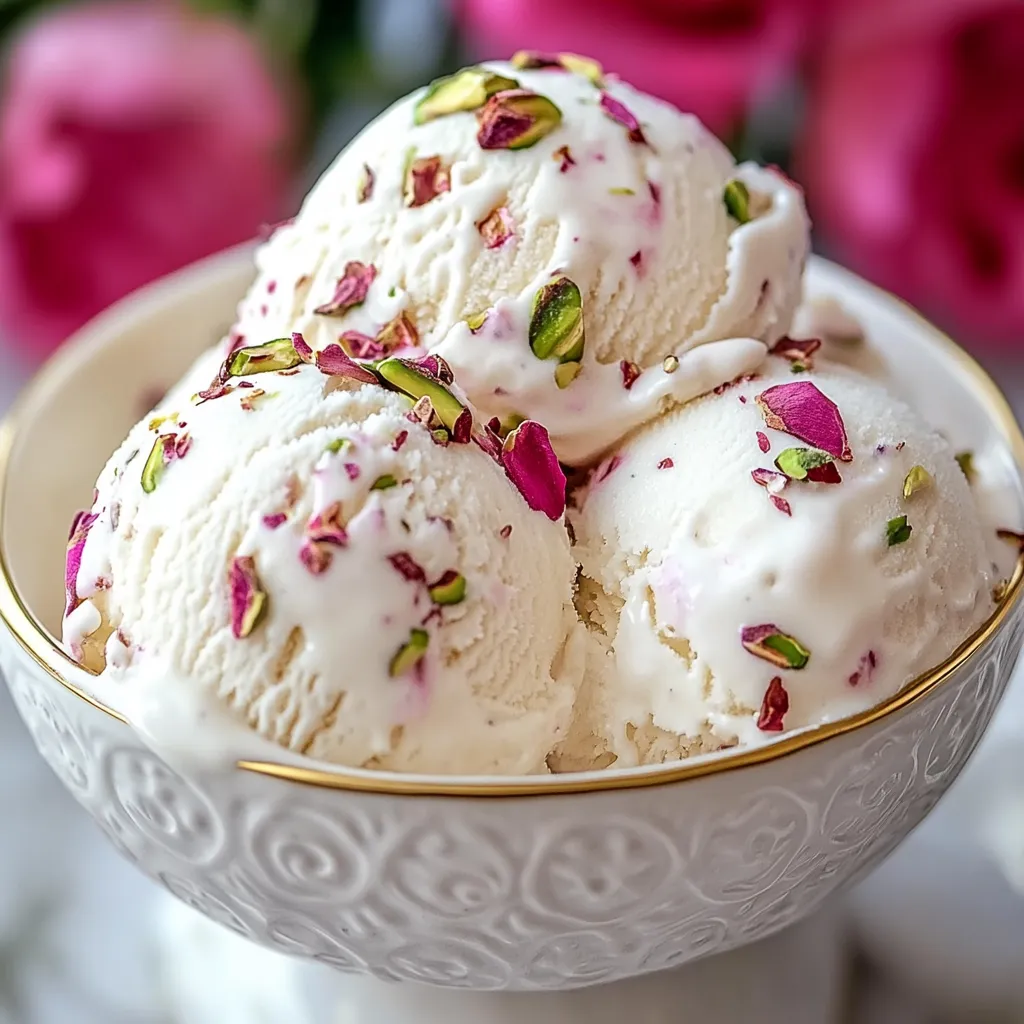 Ein Glas mit Eiscreme und Pistazienblüten.