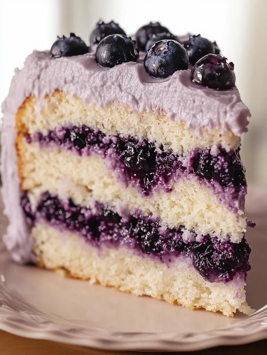 Eine Schicht von Blaubeeren auf einer Schicht von Vanillekuchen.