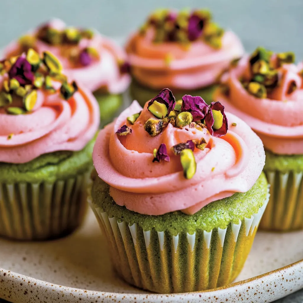 Ein weißer Teller mit sechs Cupcakes, die alle mit Pink-Frosting und Pink-Füllung versehen sind.
