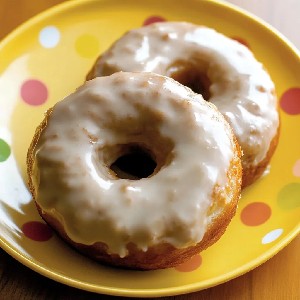 Zwei weiche, leicht zerbröselige Donuts mit einer cremigen, leicht süßen Schicht auf einem Yellow-Polo-Platscher.