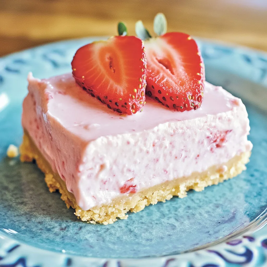 Eine Platte mit einem Stück Pink-Gelatine-Kuchen, der mit Strawberries garniert ist.