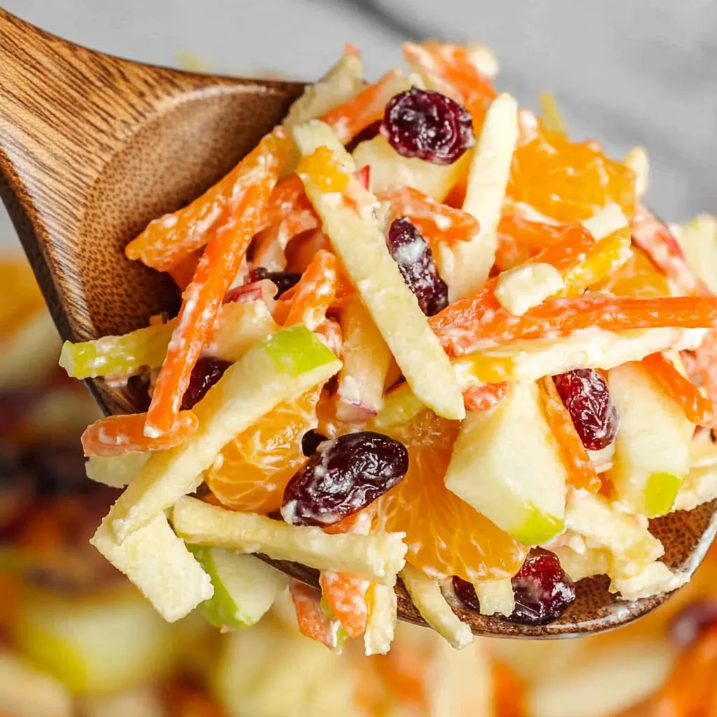 Ein Holzlöffel mit einer Mischung aus frischen Zwiebeln, Orangen und Apfelessen.