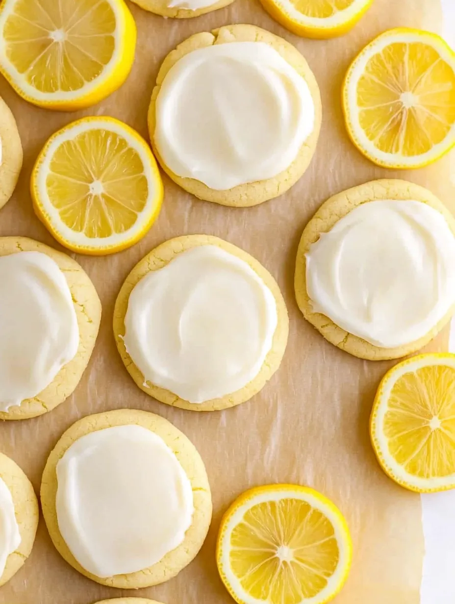 Eine Schicht von weißen Lemon-Cookies mit leicht zerteilten Lemons auf einer Tischplatte.