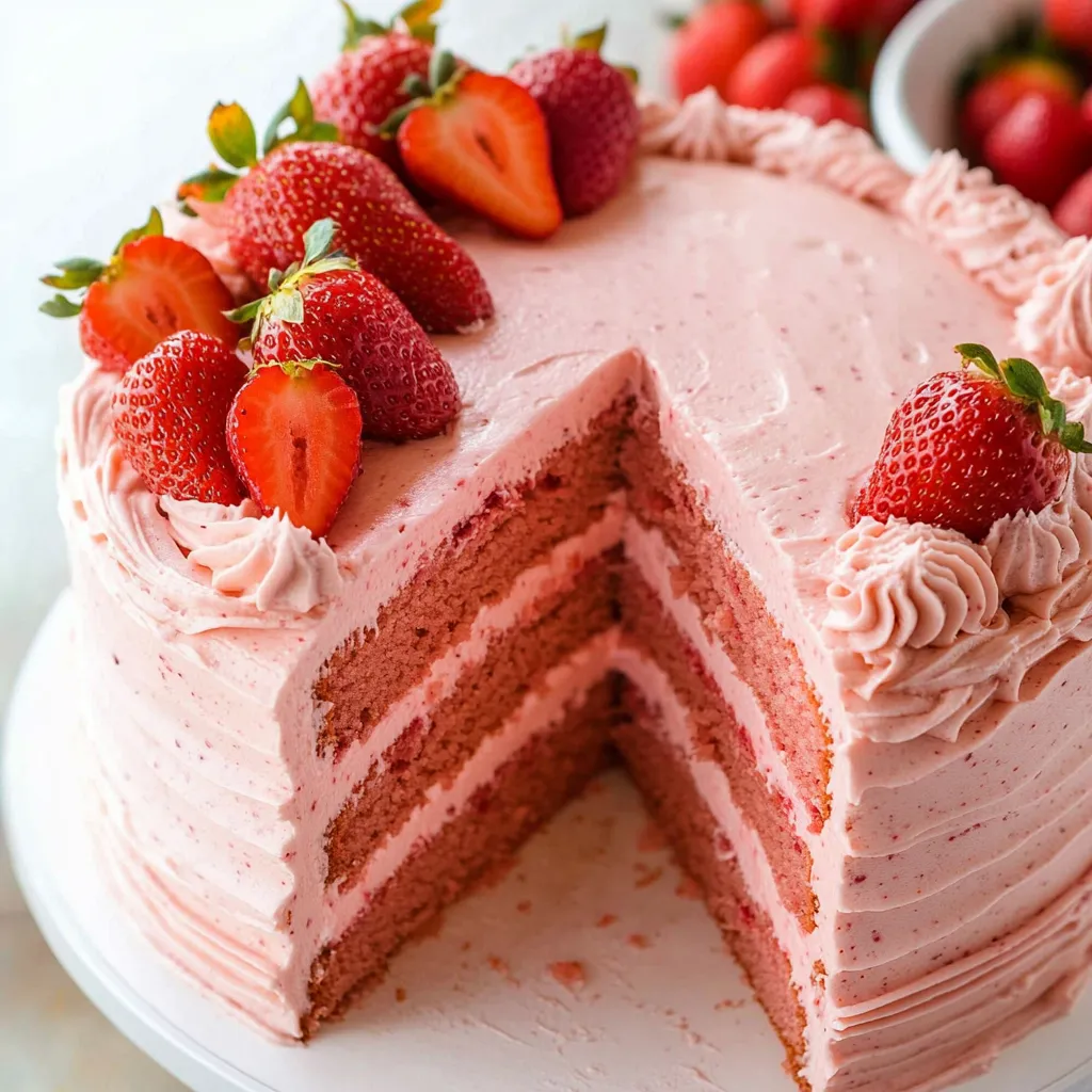 Ein Stück Pink-Frosting-Kuchen mit Strawberries darauf.