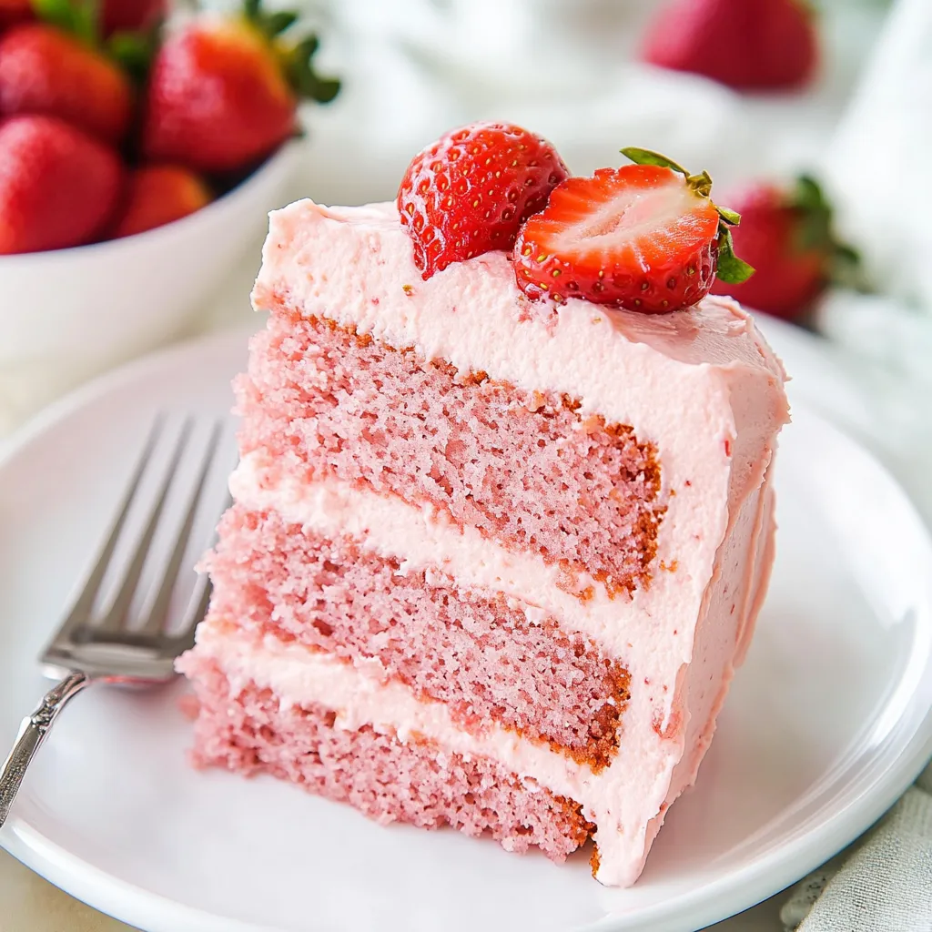 Eine Schüssel mit Strawberries und ein Stück Pink Cake.