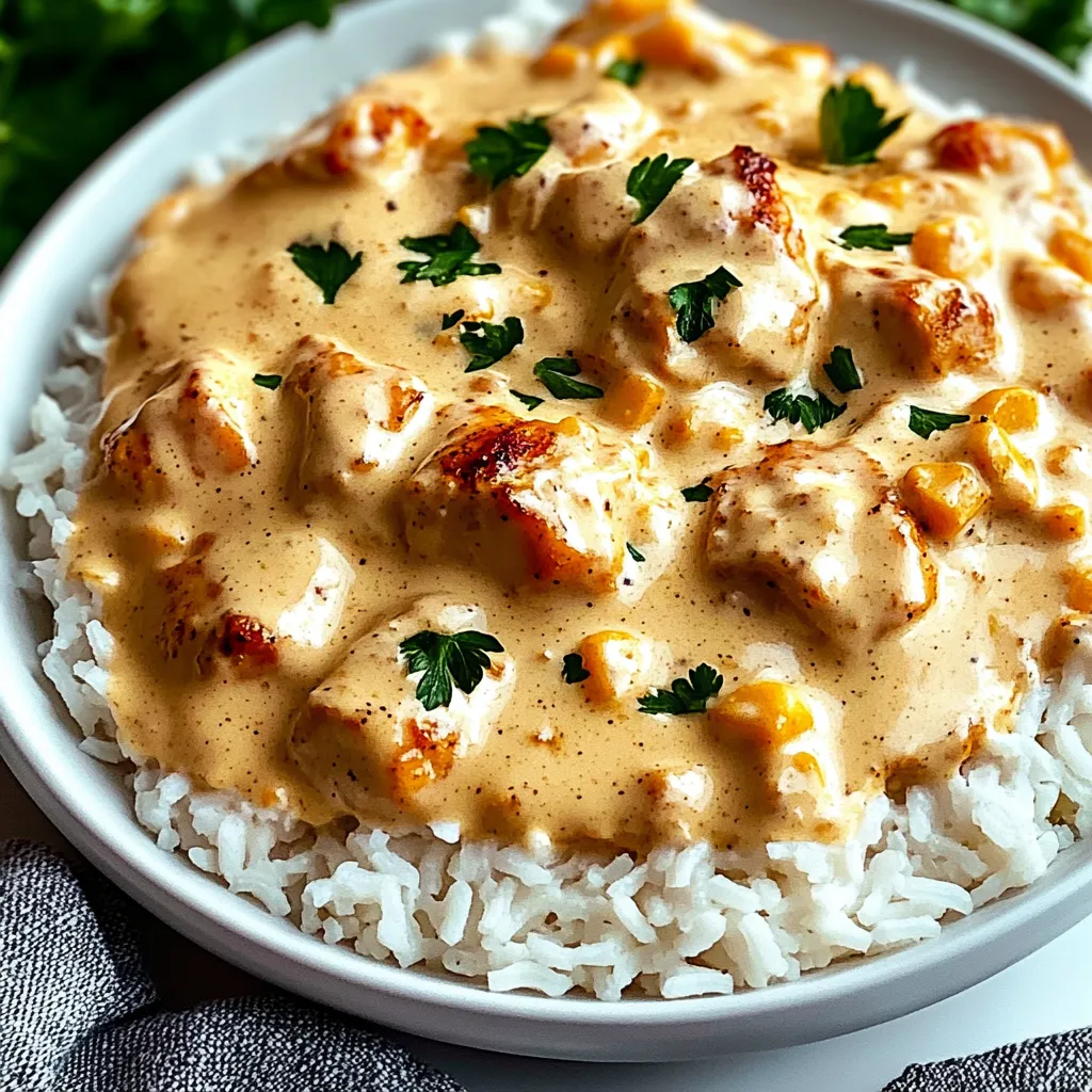 Ein weißer Teller mit Reis und Chicken in einer cremigen Sauce.
