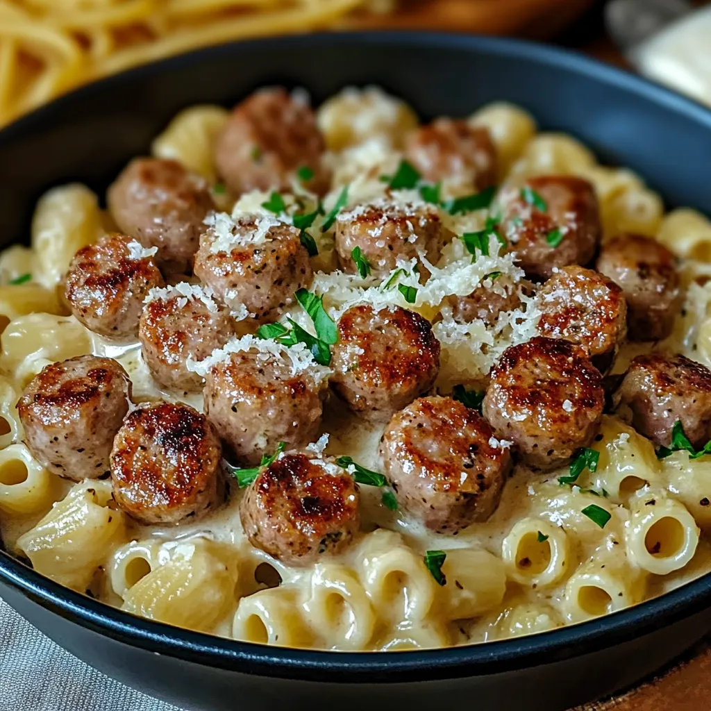 Ein Schälchen mit Pasta, Sausage und Zwiebeln.