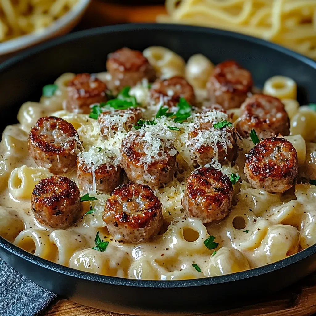Ein Schälchen mit Pasta, Sausage und Käse.