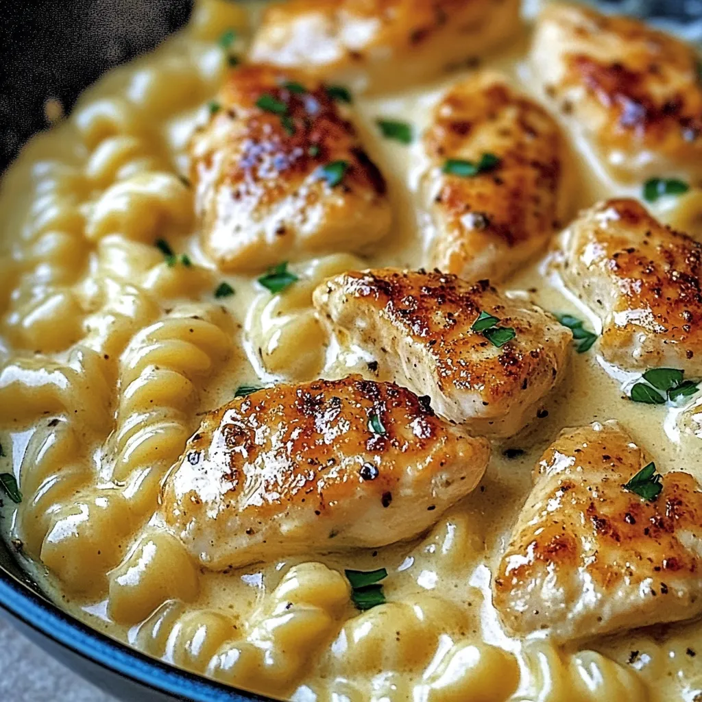 Ein Bild von einer Schüssel mit gegrilltem Chicken und macaroni.