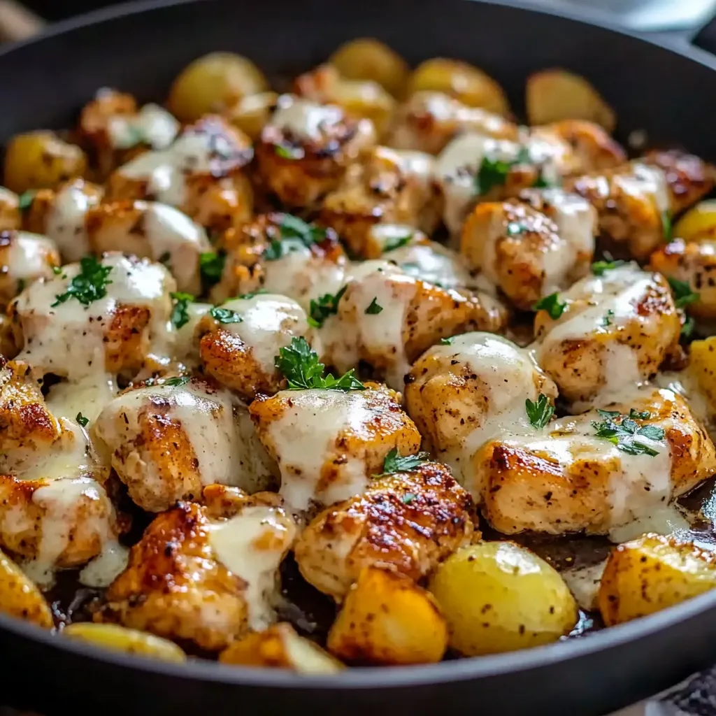 Eine Schüssel mit Chicken und Kartoffeln.