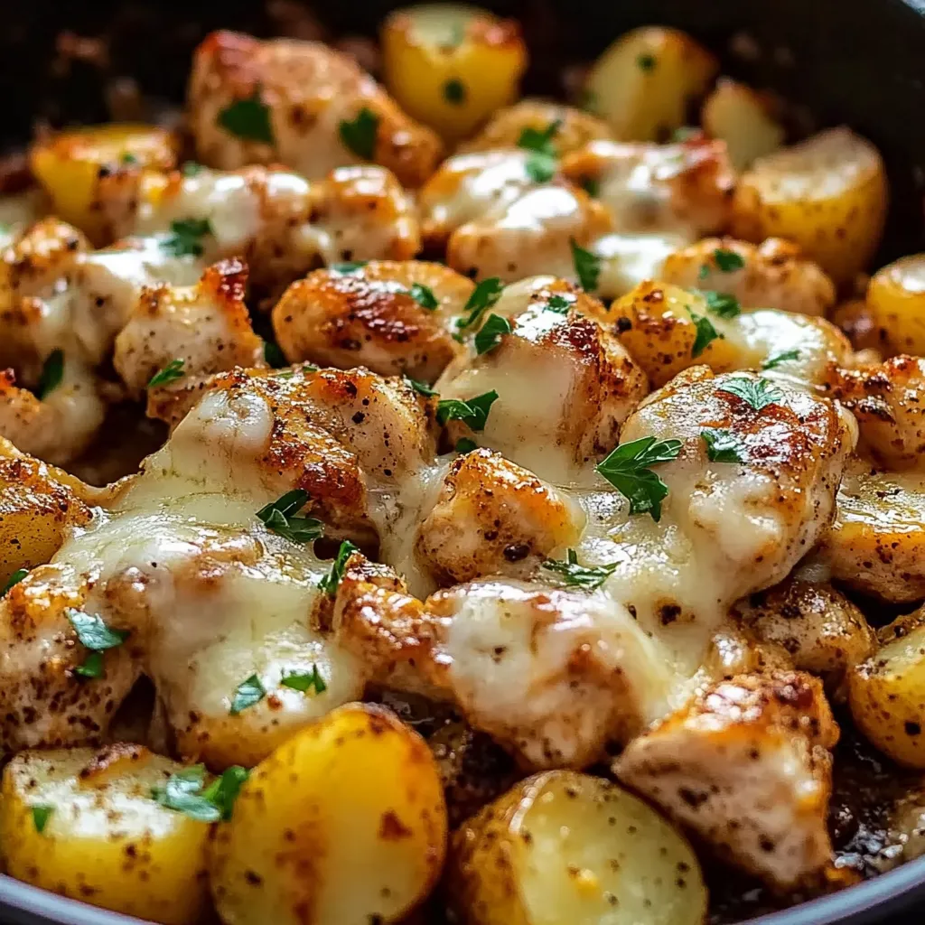 Eine Schüssel mit Käse- und Zwiebel-gekochten Würstchen, die in einem schwarzen Topf mit Kartoffeln und Zwiebeln garniert sind.