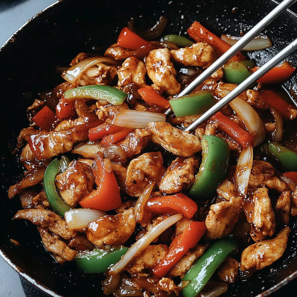 Ein schwarzes Wok mit einer Mischung aus Fleisch, Gemüse und Zwiebeln.