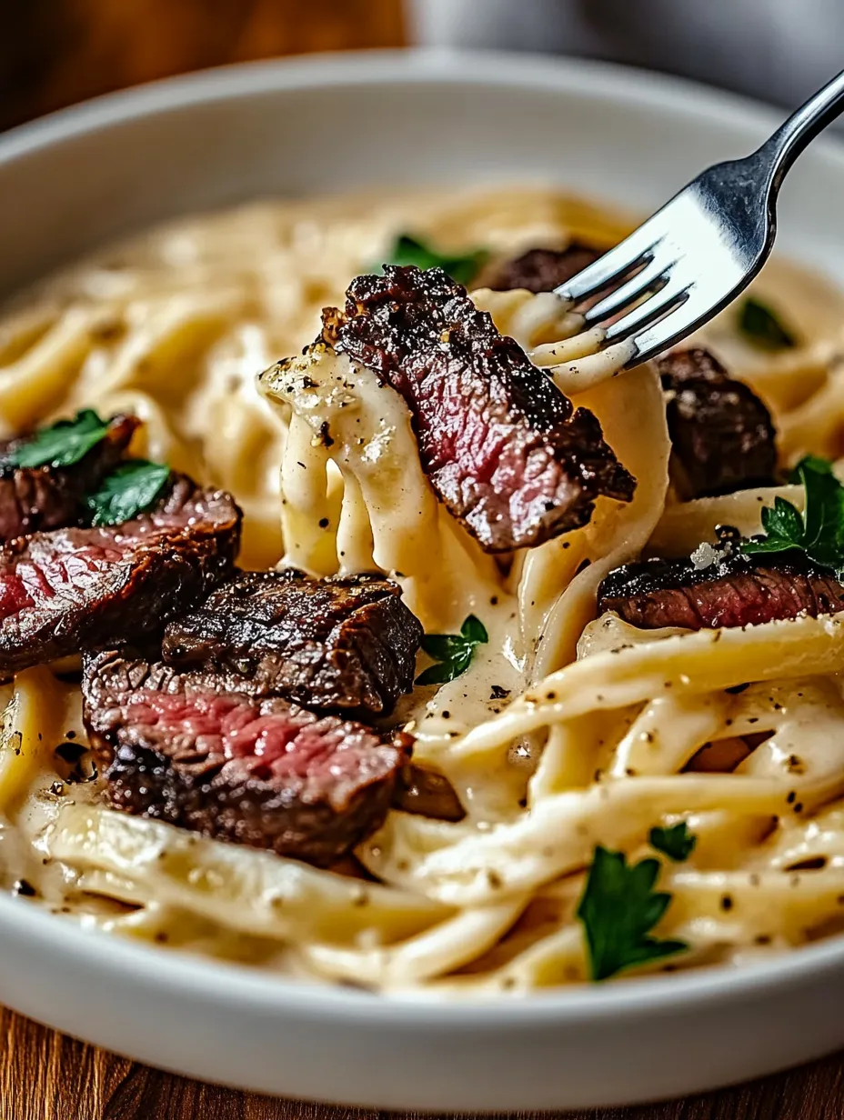 Ein weißer Teller mit Pasta, Steak und Zwiebeln.