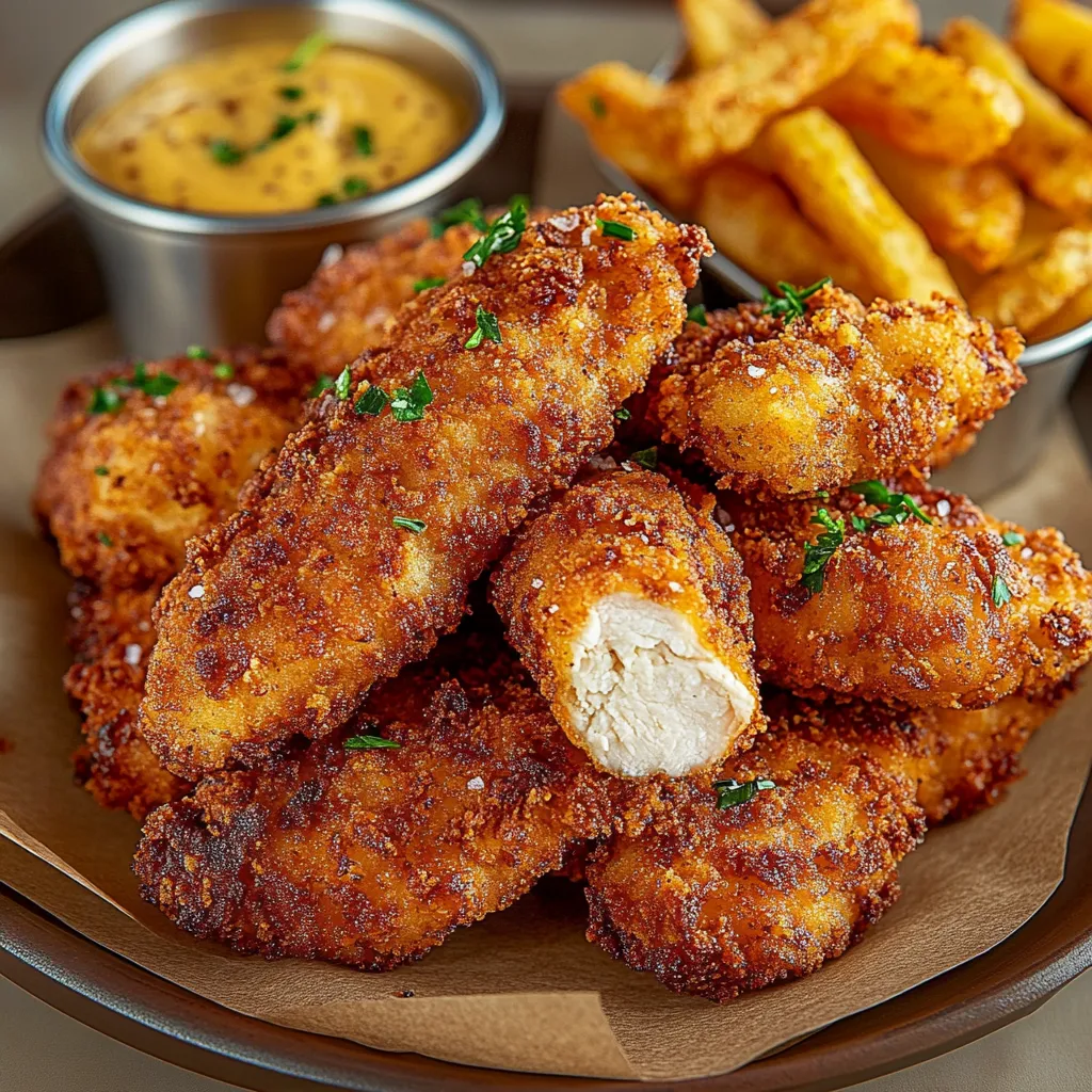 Ein Plate mit frisch zubereiteten Chicken-Streifen, die in einer Sauce serviert werden.